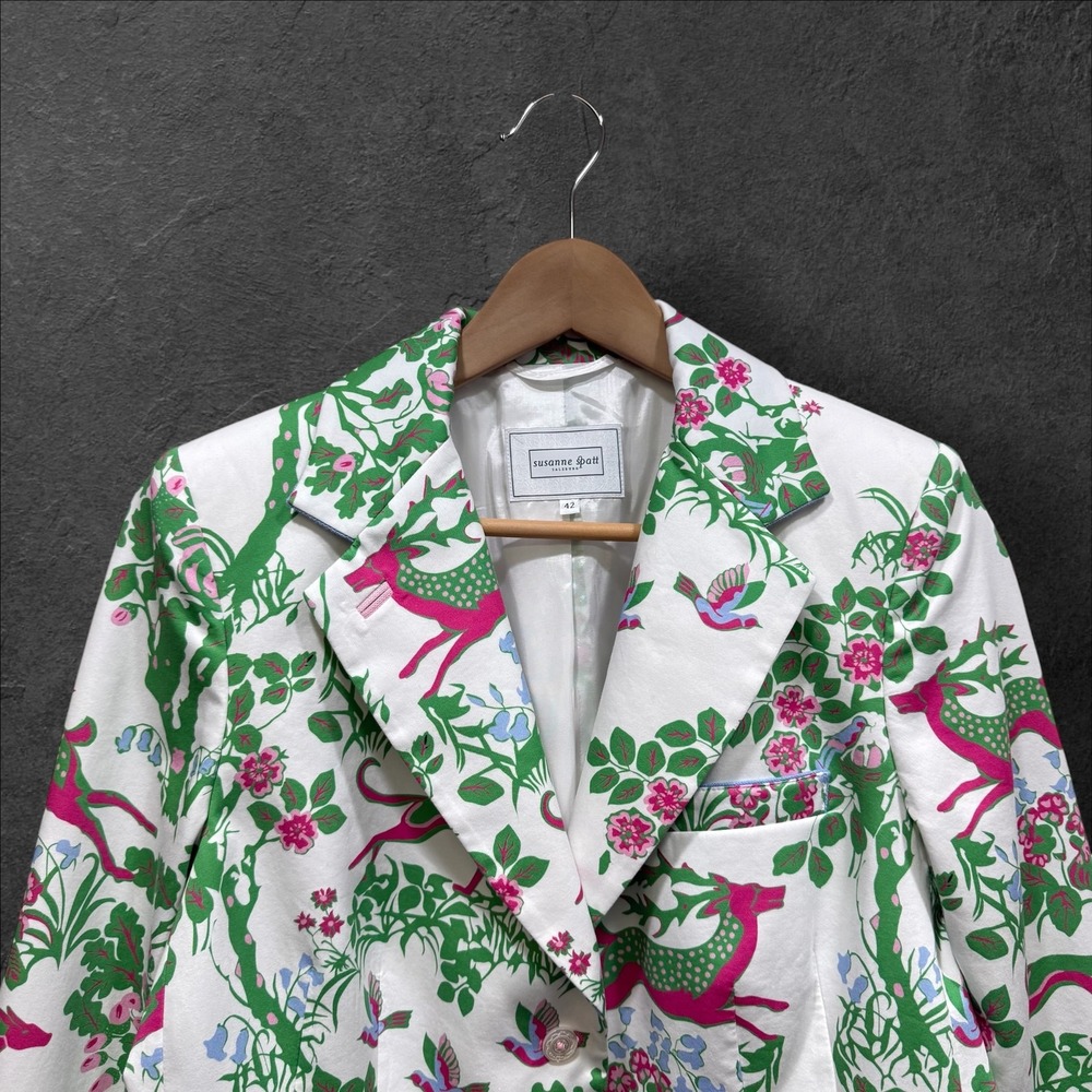 Susanne Spatt Salzburg Austrian Cotton Deer Bird Print Blazer Sz 42 - Picture 2 of 12